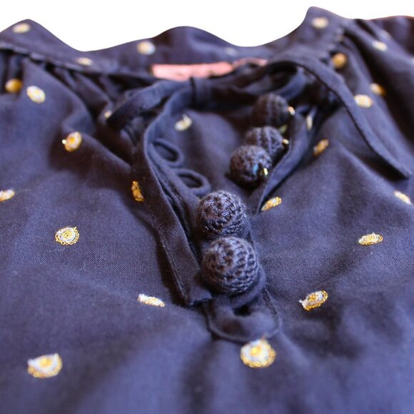 Juicy Couture Navy Blue Blouse w Short Puff Sleeves and Gold Embroidery 2 Small - Picture 5 of 7